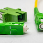 Single-mode optical patch cords with SC-APC connectors, beveled end visible at the connector, close-up