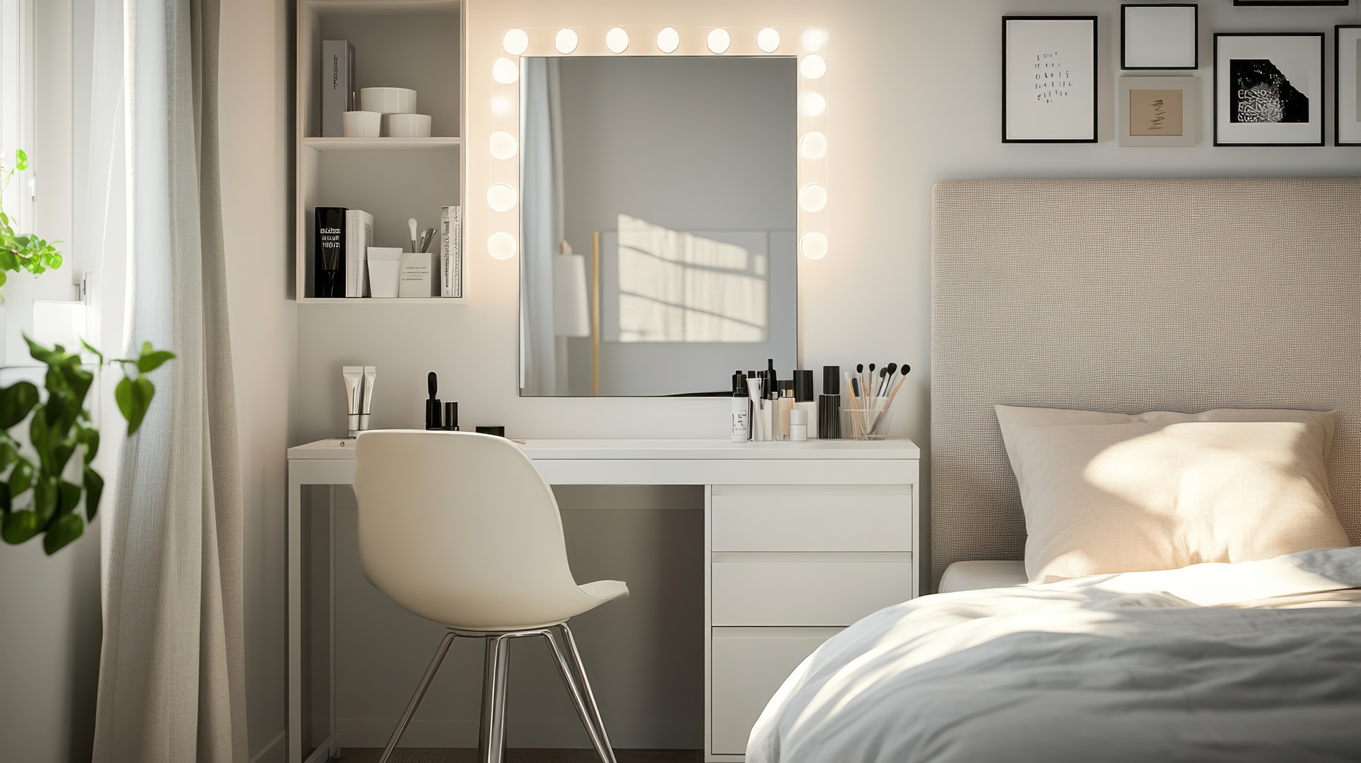 Minimalistischer Schminkplatz mit Beleuchtung | Hair Extensions  